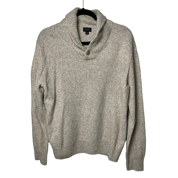 JCrew Sweater Mens Tan Collared Merino Wool Blend Mock Neck SZ L Henley Pullover - Picture 2 of 8